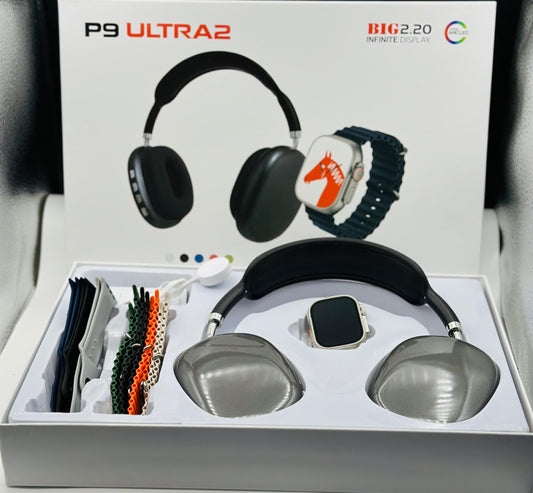 P9 Ultra 2 Combo: Over-Ear Wireless Headset & BIG 2.20" Infinite Display Smart Watch Bundle