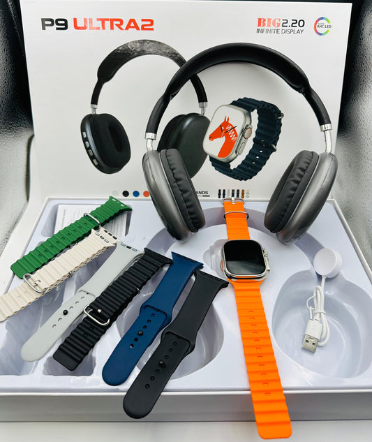 P9 Ultra 2 Combo: Over-Ear Wireless Headset & BIG 2.20" Infinite Display Smart Watch Bundle