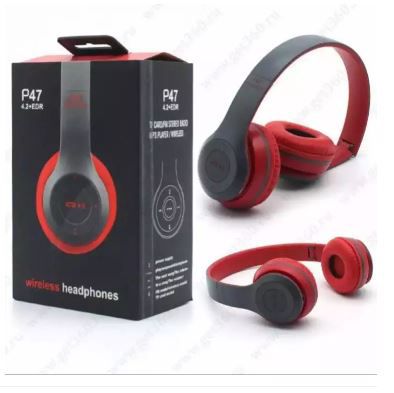 P47 Foldable Wireless Headphones (Red/Black) - Stereo Bass, TF Card MP3 Player, Built-in Mic
