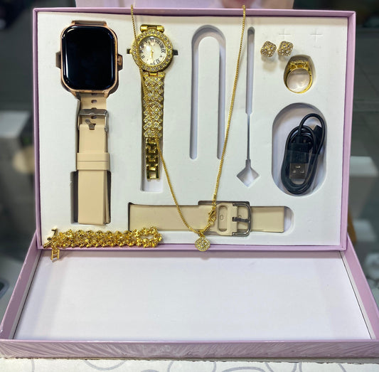Luxury Ladies Gift Set: Smartwatch, Classic Watch & Gold Jewelry